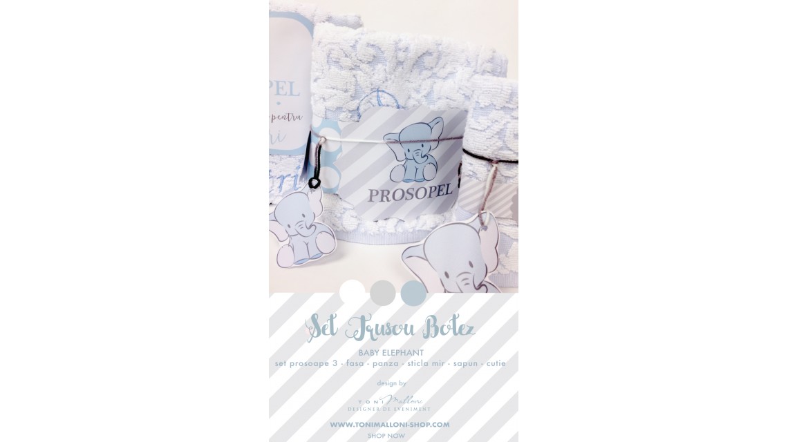 Trusou de botez cu broderie personalizata pentru baieti, Bleu & Grey Elephant 3